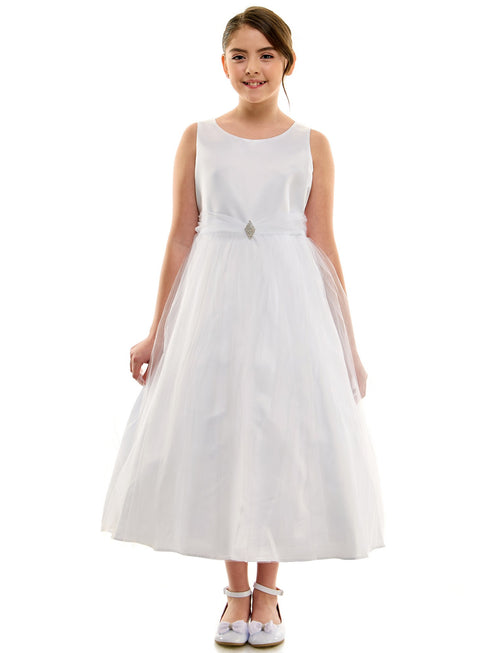 Petite Adele Big Girls White Dull Satin Brooch Junior Bridesmaid Dress 8-12 - SophiasStyle.com