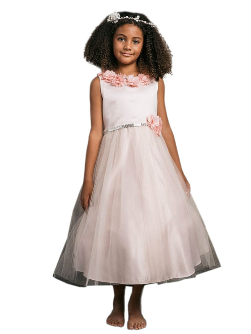 Petite Adele Big Girls Blush 3D Flower Neckline Rhinestone Belt Dress 8-16 - SophiasStyle.com