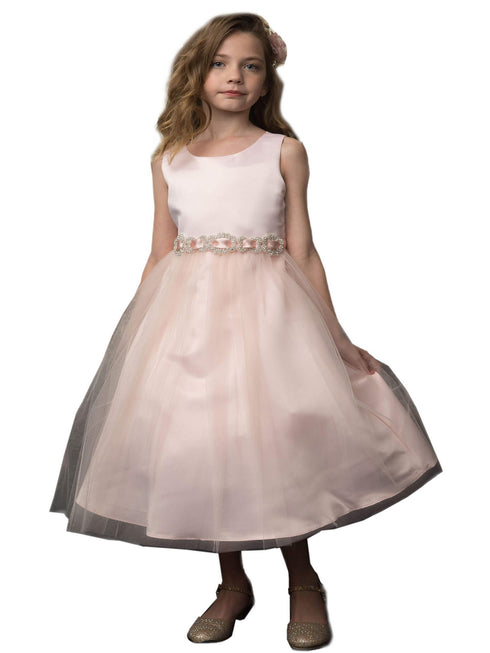 Petite Adele Big Girls Blush Rhinestone Belt Tulle Skirt Satin Dress 8-16 - SophiasStyle.com