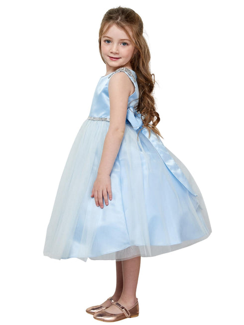 Petite Adele Girls Blue Dull Satin Tulle Dress with Cristal on Shoulder and Waist, Sizes 2-16 - SophiasStyle.com
