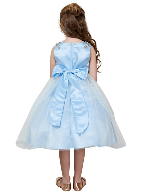 Petite Adele Girls Blue Dull Satin Tulle Dress with Cristal on Shoulder and Waist, Sizes 2-16 - SophiasStyle.com