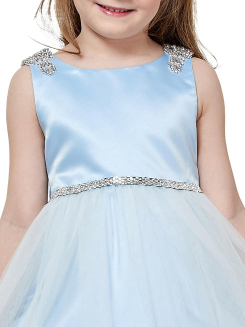 Petite Adele Girls Blue Dull Satin Tulle Dress with Cristal on Shoulder and Waist, Sizes 2-16 - SophiasStyle.com