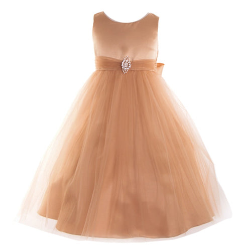 Petite Adele Big Girls Champagne Dull Satin Brooch Junior Bridesmaid Dress 8-12 - SophiasStyle.com