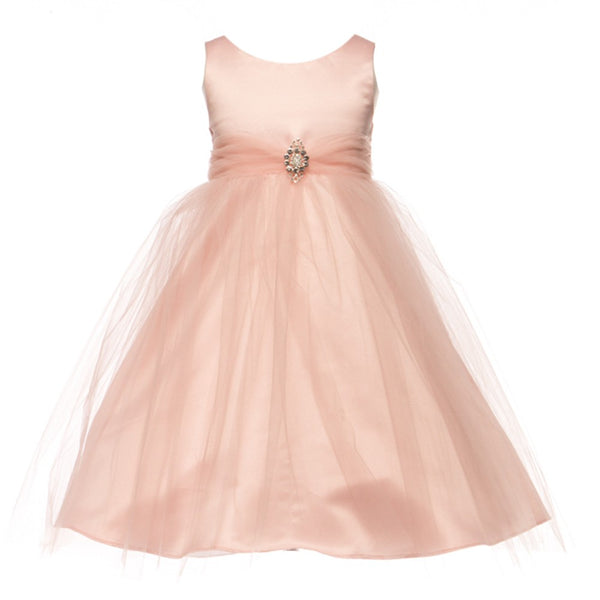 Petite Adele Big Girls Pink Dull Satin Brooch Junior Bridesmaid Dress 8-12 - SophiasStyle.com