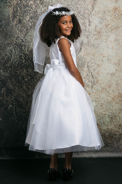 Petite Adele Girls White Rhinestone Neckline Satin Tulle Communion Dress 8-16 - SophiasStyle.com