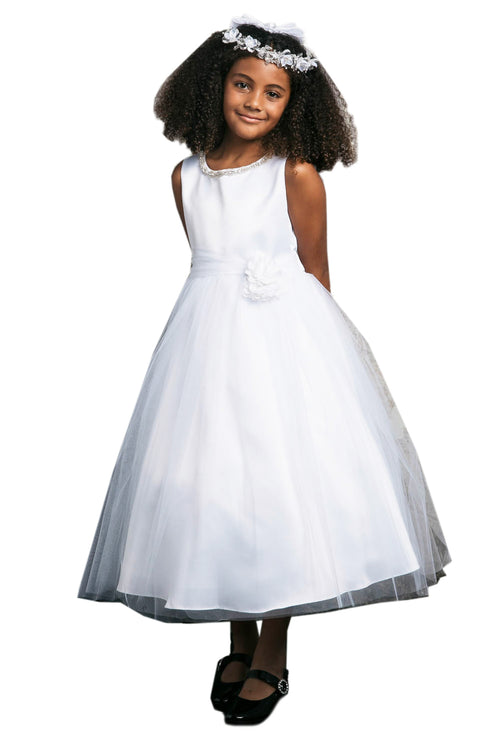 Petite Adele Little Girls White Rhinestone Neckline Satin Tulle Dress 2-6 - SophiasStyle.com