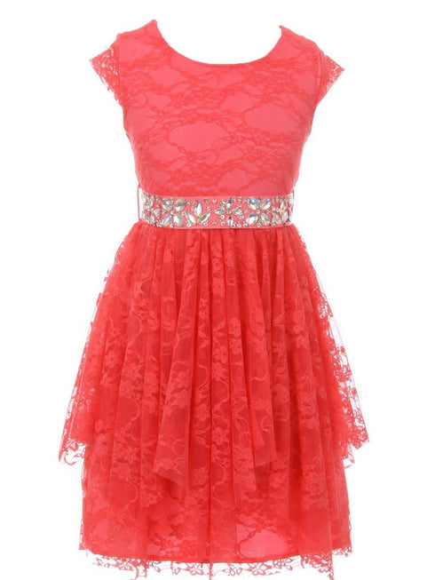 Just Kids Little Girls Coral Lace Cap Sleeved Easter Flower Girl Dress 4-6 - SophiasStyle.com