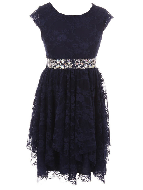 Just Kids Little Girls Navy Lace Cap Sleeved Ruffle Flower Girl Dress 4-6 - SophiasStyle.com