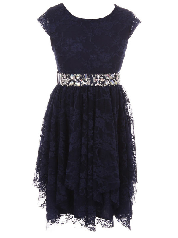 Just Kids Big Girls Navy Lace Cap Sleeved Ruffle Junior Bridesmaid Dress 8-14 - SophiasStyle.com