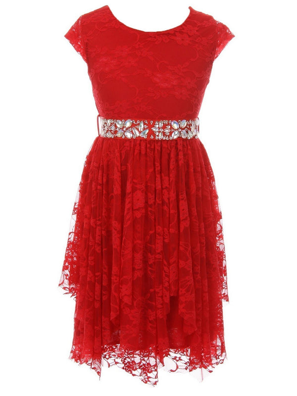 Just Kids Big Girls Red Lace Cap Sleeved Ruffle Junior Bridesmaid Dress 8-14 - SophiasStyle.com