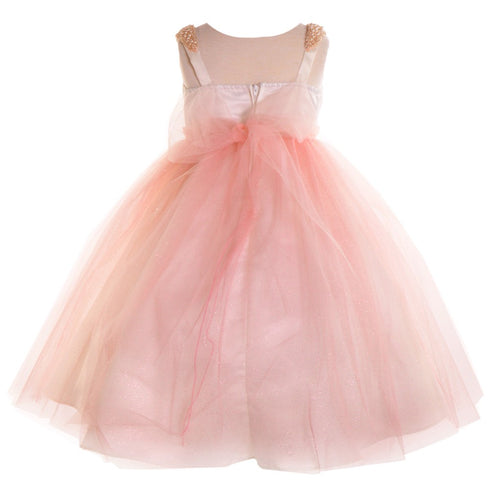Petite Adele Big Girls Blush Pearl Shoulder Mesh Junior Bridesmaid Dress 8-12 - SophiasStyle.com