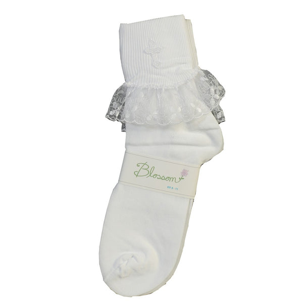 Swea Pea & Lilli Girls White Embroidered Cross Communion Socks 7-11 - SophiasStyle.com