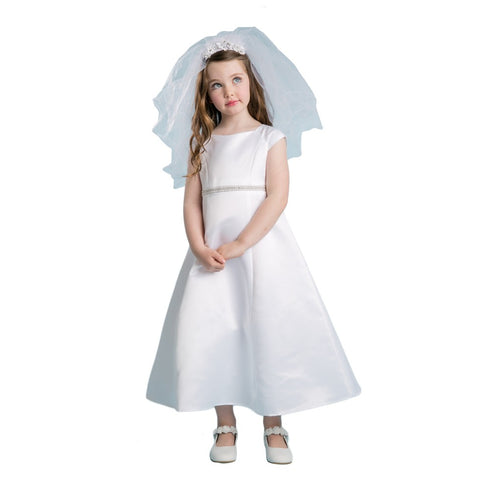 Petite Adele Big Girls White Satin Rhinestone Pearl Communion Dress 7-16 - SophiasStyle.com