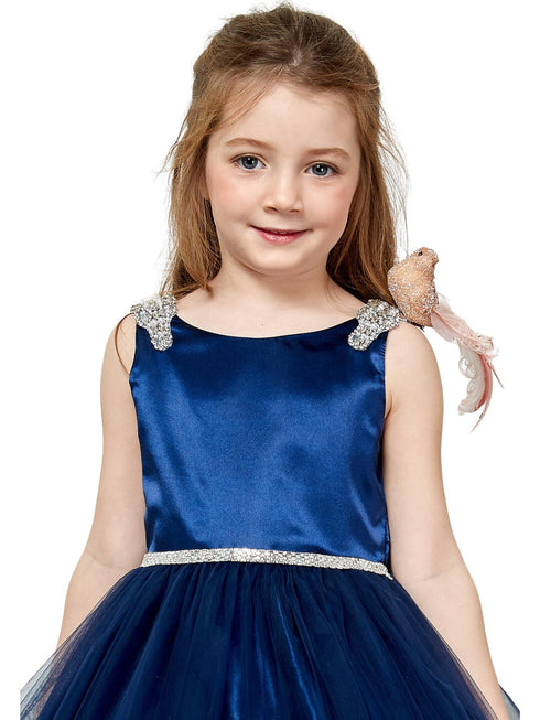 Petite Adele Girls Navy Dull Satin Tulle Dress with Cristal on Shoulder and Waist, Sizes 2-16 - SophiasStyle.com