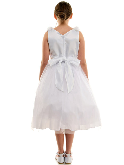 Petite Adele Girls White Pearl Belt First Communion Dress with 3D Flower on Shoulder, Sizes 2-20 - SophiasStyle.com