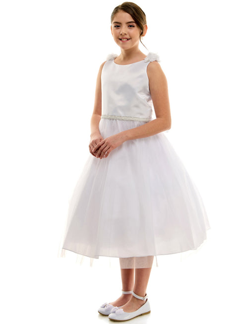Petite Adele Girls White Pearl Belt First Communion Dress with 3D Flower on Shoulder, Sizes 2-20 - SophiasStyle.com