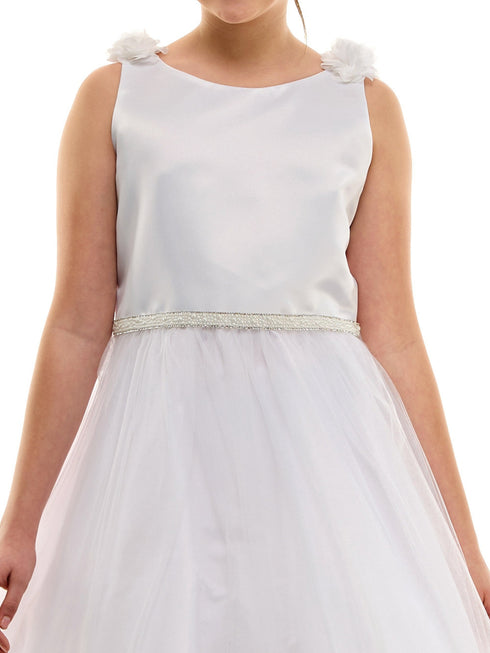 Petite Adele Girls White Pearl Belt First Communion Dress with 3D Flower on Shoulder, Sizes 2-20 - SophiasStyle.com