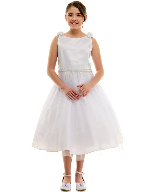 Petite Adele Girls White Pearl Belt First Communion Dress with 3D Flower on Shoulder, Sizes 2-20 - SophiasStyle.com