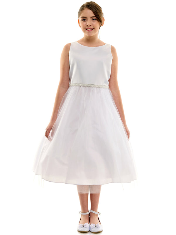 Petite Adele Girls White Pearl Belt Satin Tulle First Communion Dress, Sizes 2-20 - SophiasStyle.com
