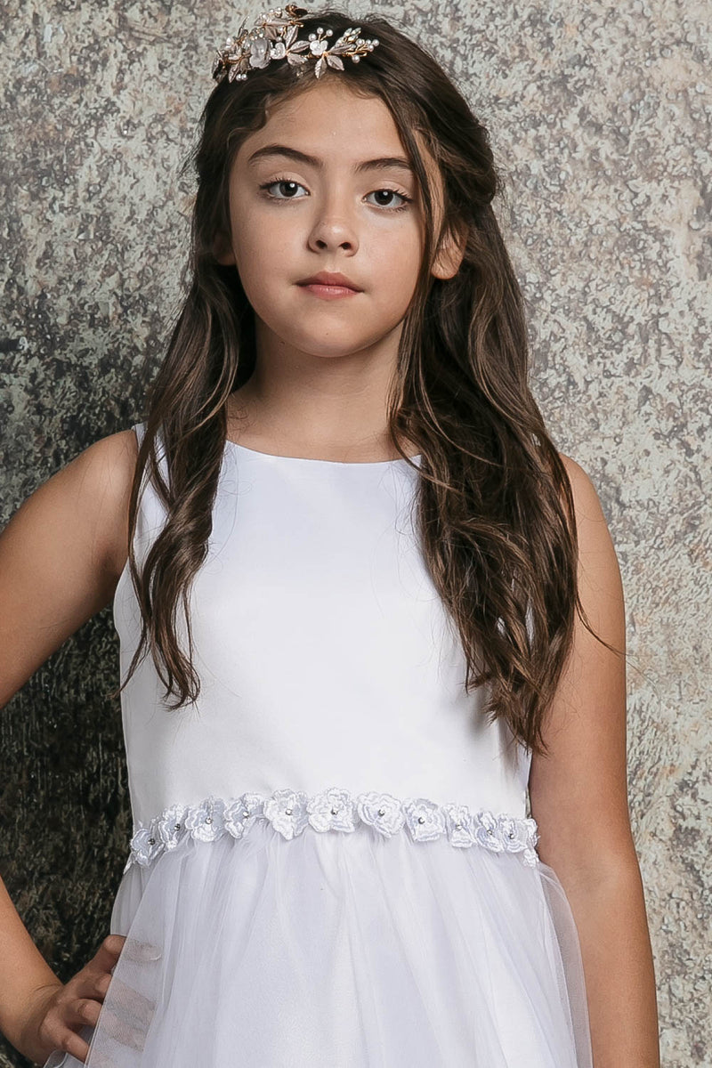 Big Girls White Flower Waistline Satin Communion Dress 820