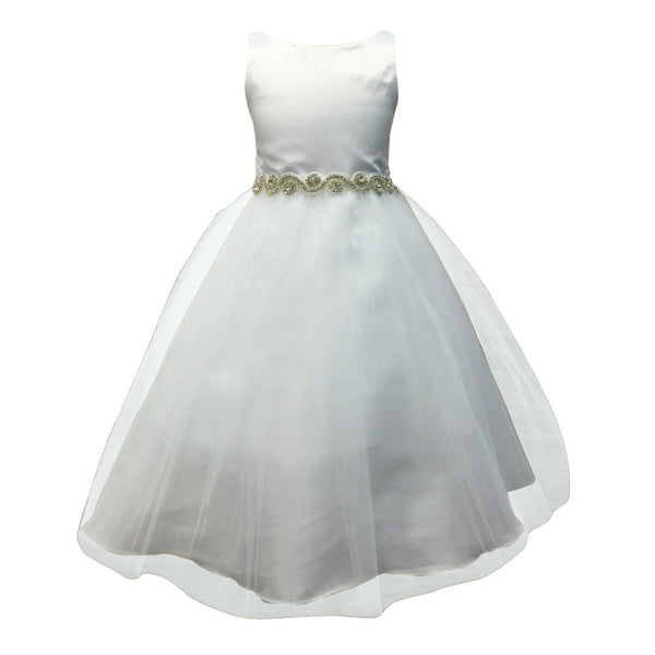 Petite Adele Little Girls White Satin Tulle Rhinestone Flower Girl Dress 2T-6 - SophiasStyle.com