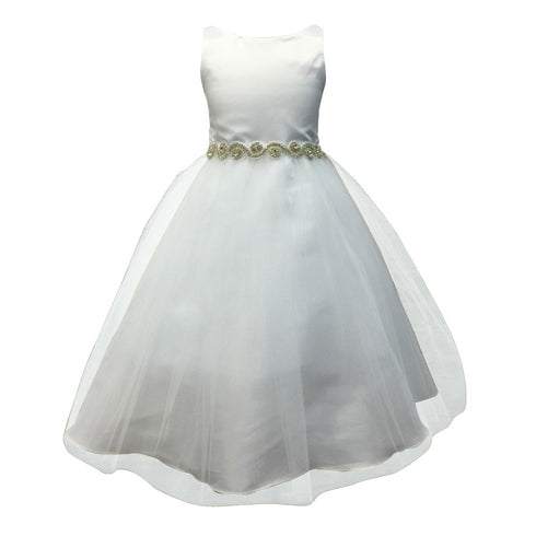 Petite Adele Big Girls White Satin Tulle Rhinestone Junior Bridesmaid Dress 8-16 - SophiasStyle.com