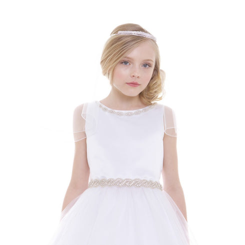 Petite Adele Little Girls White Rhinestone Neckline Belt Flower Girl Dress 2-6 - SophiasStyle.com