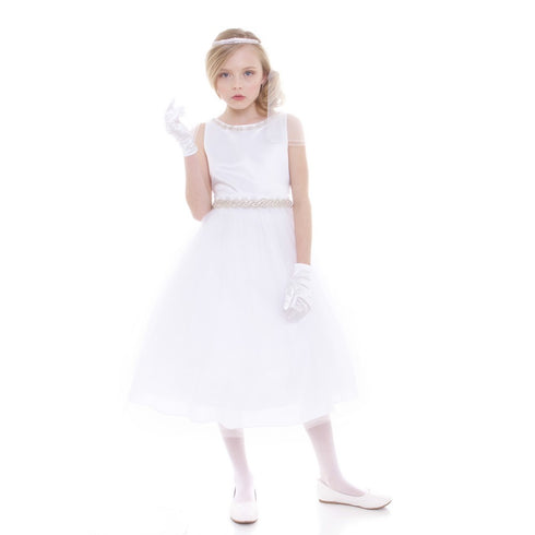 Petite Adele Little Girls White Rhinestone Neckline Belt Flower Girl Dress 2-6 - SophiasStyle.com