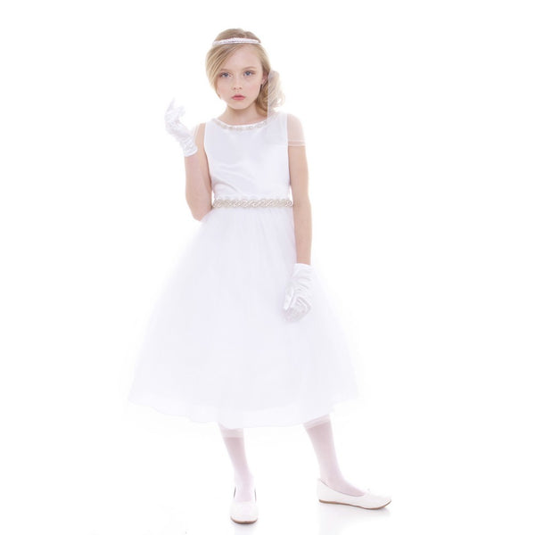 Petite Adele Little Girls White Rhinestone Neckline Belt Flower Girl Dress 2-6 - SophiasStyle.com