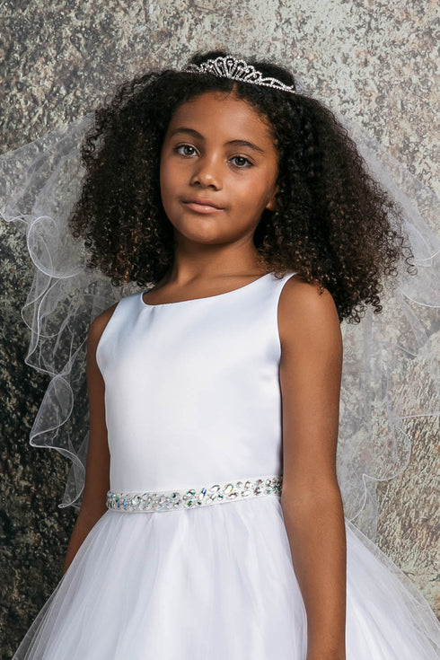 Petite Adele Big Girls White Rhinestone Belt Satin Tulle Communion Dress 8-20 - SophiasStyle.com
