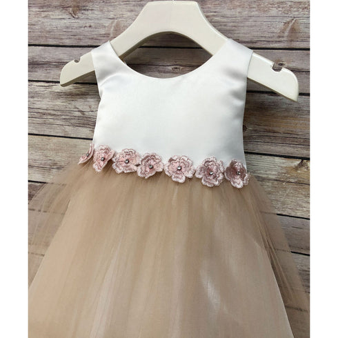 Petite Adele Little Girls Champagne Satin Tulle Tea Length Flower Girl Dress 2-6 - SophiasStyle.com
