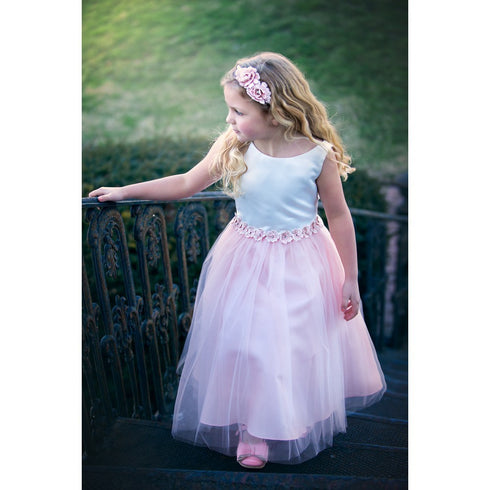 Petite Adele Little Girls Blush Satin Tulle Tea Length Flower Girl Dress 2-6 - SophiasStyle.com