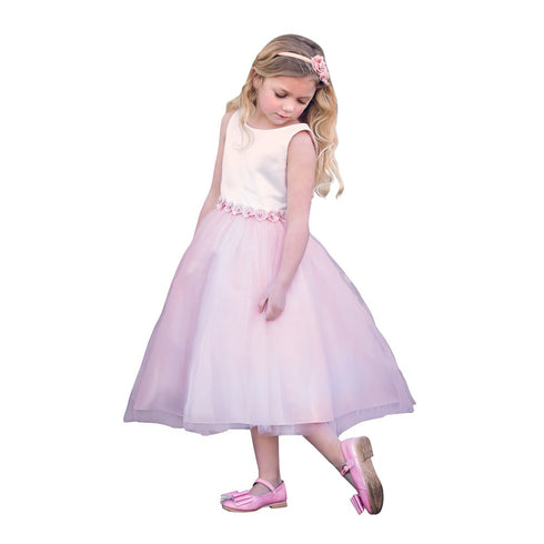 Petite Adele Big Girls Blush Satin Tulle Tea Length Junior Bridesmaid Dress 8-16 - SophiasStyle.com