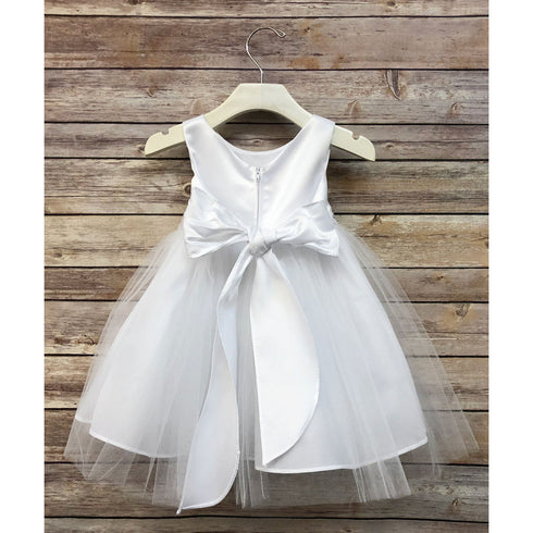 Petite Adele Big Girls White Satin Tulle Tea Length Junior Bridesmaid Dress 8-16 - SophiasStyle.com