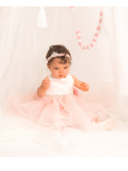 Petite Adele Baby Girls Blush Satin Tulle Glitter Belt Flower Girl Dress 6-24M - SophiasStyle.com