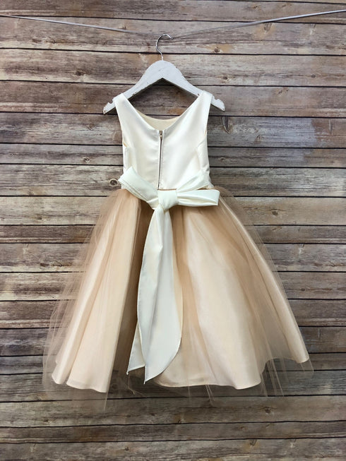 Petite Adele Little Girls Champagne Silk Satin Tulle Flower Girl Dress 2-6 - SophiasStyle.com