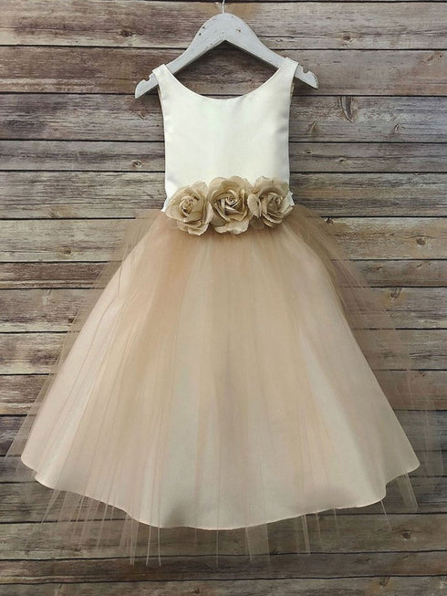 Petite Adele Big Girls Champagne Silk Satin Tulle Junior Bridesmaid Dress 8-12 - SophiasStyle.com