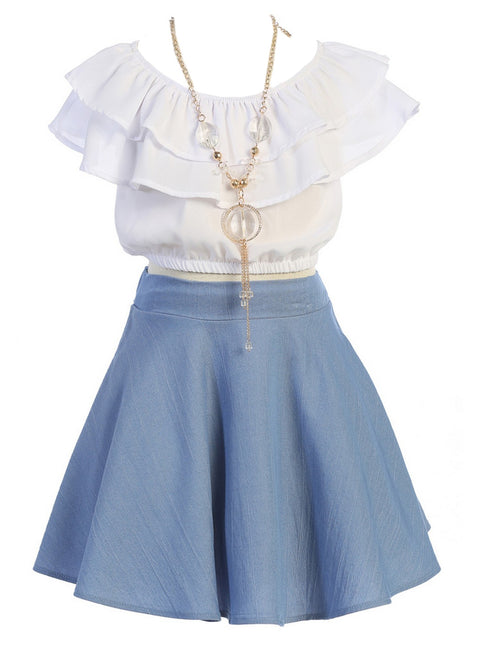 Just Kids Girls Ruffle Off Shoulder Top Denim Skirt 2 Piece Outfit with Necklace, Sizes 4-14 - SophiasStyle.com