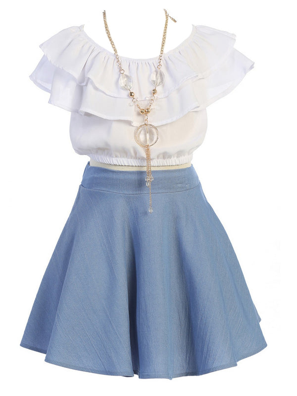 Just Kids Girls Ruffle Off Shoulder Top Denim Skirt 2 Piece Outfit with Necklace, Sizes 4-14 - SophiasStyle.com
