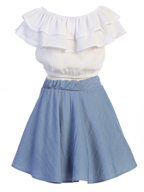 Just Kids Girls Ruffle Off Shoulder Top Denim Skirt 2 Piece Outfit with Necklace, Sizes 4-14 - SophiasStyle.com