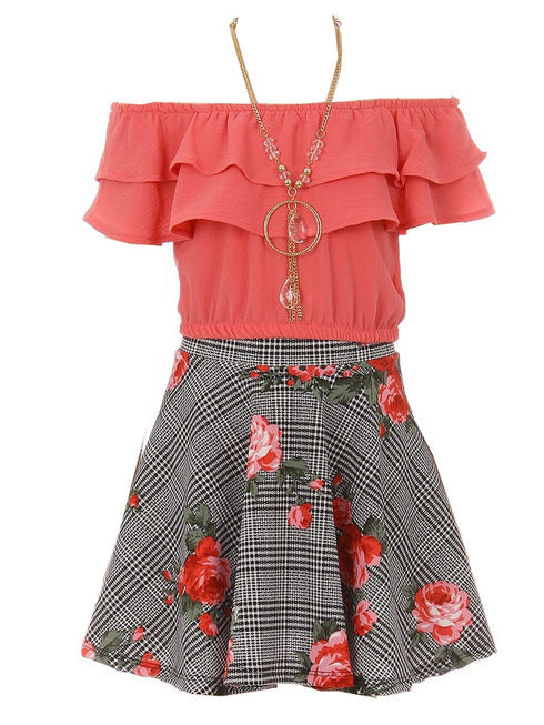 Just Kids Girls Multi Colors Solid Top Necklace Checkered Floral Skirt Set 4-14 - SophiasStyle.com