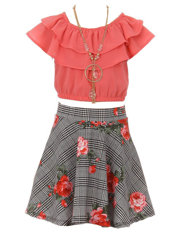 Just Kids Girls Multi Colors Solid Top Necklace Checkered Floral Skirt Set 4-14 - SophiasStyle.com