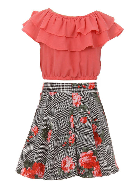 Just Kids Girls Multi Colors Solid Top Necklace Checkered Floral Skirt Set 4-14 - SophiasStyle.com