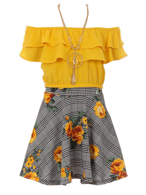 Just Kids Girls Multi Colors Solid Top Necklace Checkered Floral Skirt Set 4-14 - SophiasStyle.com