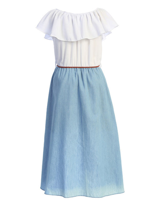 Girls Ruffle Off Shoulder Denim Jumpsuit with Brown Knitted Drawstring, Sizes 4-14 - SophiasStyle.com