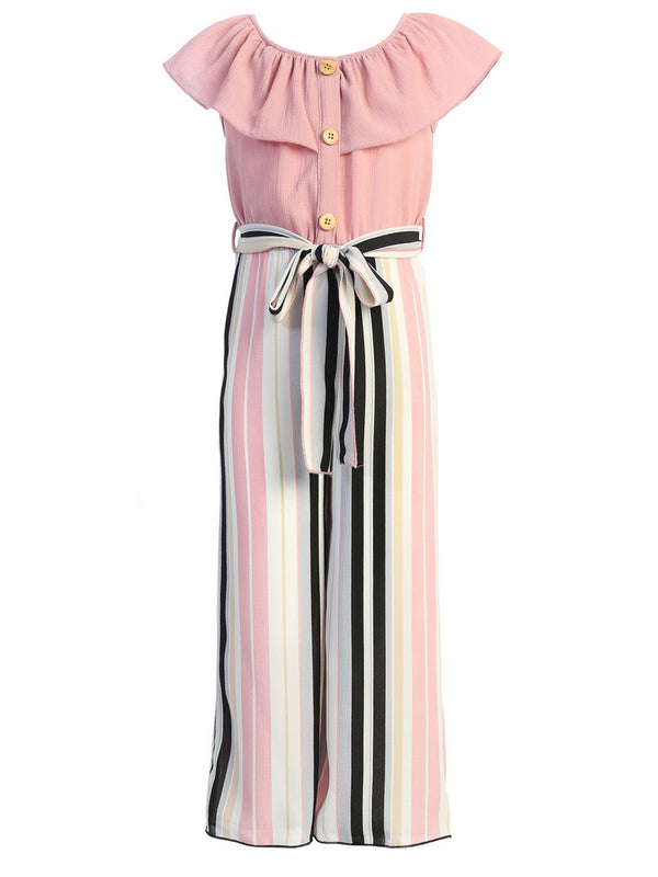 Just Kids Girls Ruffle Off Shoulder Rose Striped Jumpsuit with Bow Tie, Sizes 4-14 - SophiasStyle.com