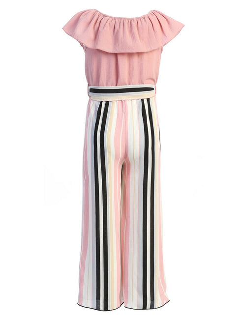 Just Kids Girls Ruffle Off Shoulder Rose Striped Jumpsuit with Bow Tie, Sizes 4-14 - SophiasStyle.com