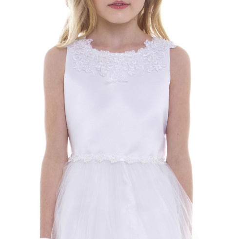 Petite Adele Little Girls White Satin Tulle Decorated Flower Girl Dress 2T-6 - SophiasStyle.com