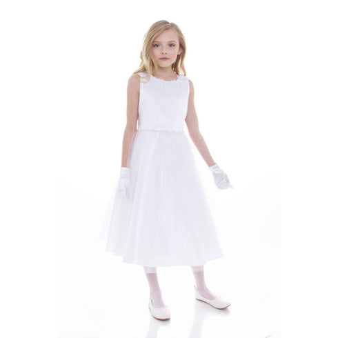Petite Adele Big Girls White Satin Tulle Decorated Junior Bridesmaid Dress 8-16 - SophiasStyle.com