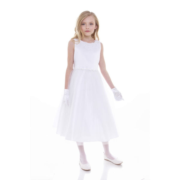 Petite Adele Big Girls White Satin Tulle Decorated Junior Bridesmaid Dress 8-16 - SophiasStyle.com